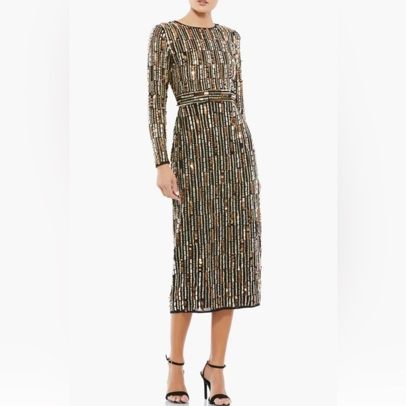 MAC DUGGAL WOMEN’S LONG SLEEVE  BLACK GOLD EMBELLISHED COLUMN MIDI DRESS SZ 6 - Picture 1 of 13